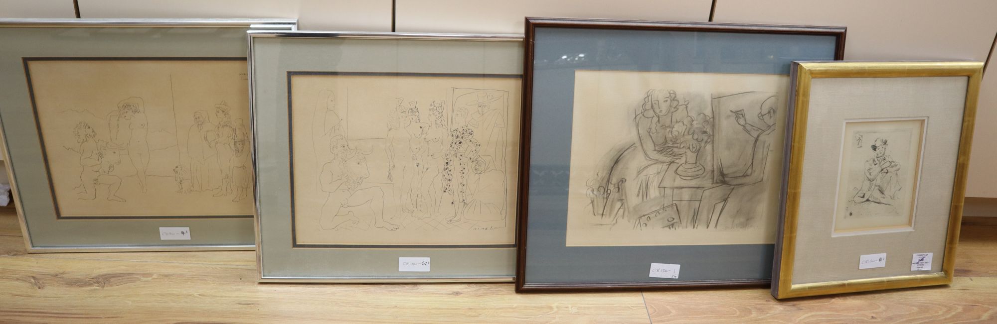 Henry Matisse, monochrome print, Artist and model, overall 29 x 36cm, a pair of prints after Picasso and a Cezanne reprint, Guillaumin